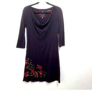 Johnny Was JWLA Purple Embroidered Floral Roses Cotton Cowl Neck Shift Dress ‎ S